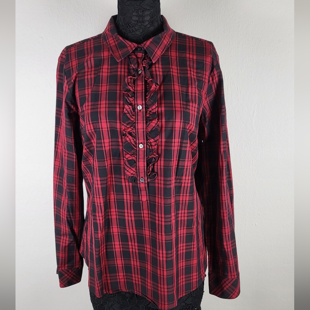 Talbots Red Black Plaid Ruffle Long Sleeve Button Down Blouse Shirt